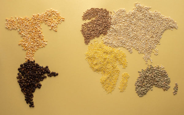 A world map creatively illustrated using diverse grains, representing global dietary patterns