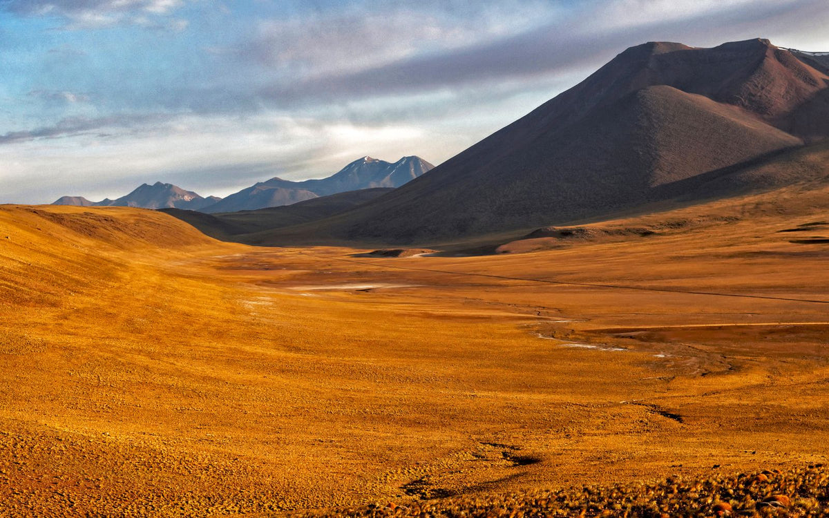 Golden volcanic mountains and arid terrain of the Atacama Desert in Antofagasta, Chile