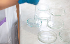 Laboratory technician using a dropper to transfer liquid into petri dishes for quality testing