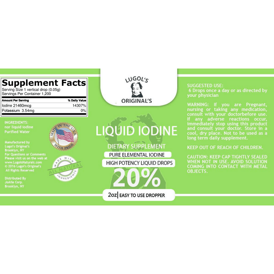 20% Liquid Iodine Drops Thyroid Support Supplement 2oz - Lugols Originals