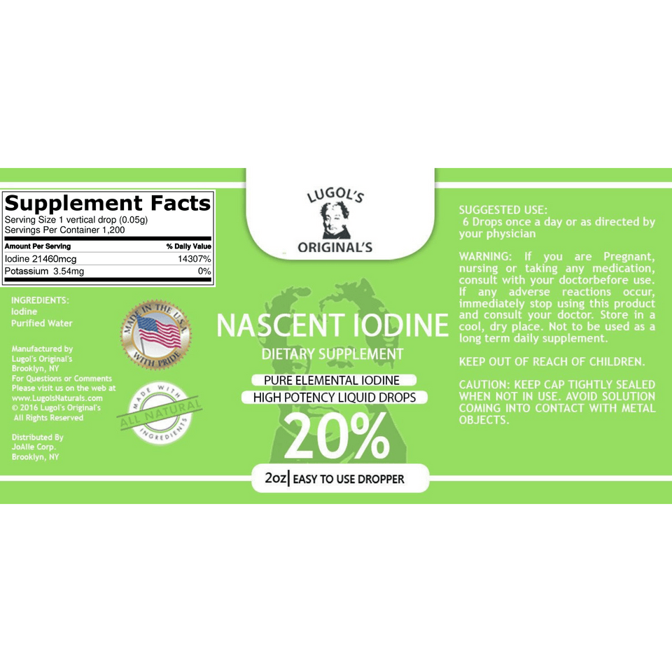 20% Nascent Iodine Liquid Drops Thyroid Support Supplement 2oz - Lugols Originals