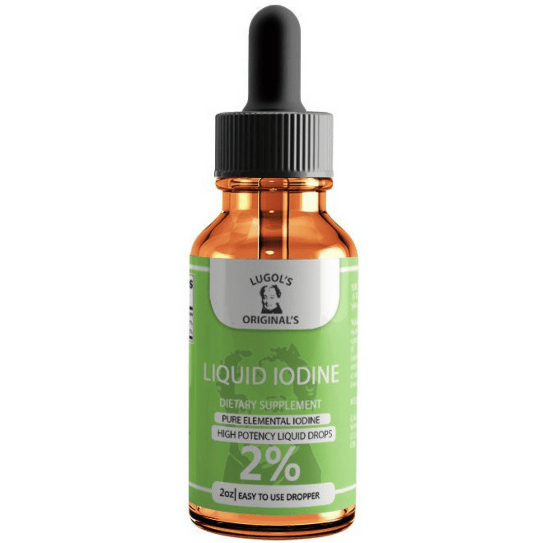 2% Liquid Iodine Drops single 2oz bottle from Lugol's Original's, shown in its amber glass packaging.
