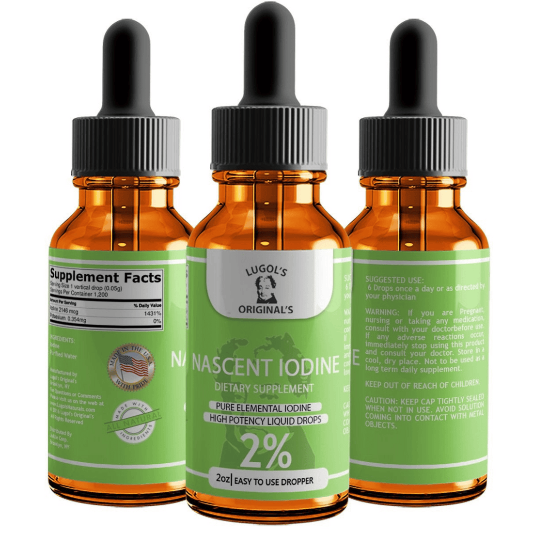 2% Nascent Iodine Drops bottle from Lugol's Original's, shown from all sides in its 2oz amber glass packaging.