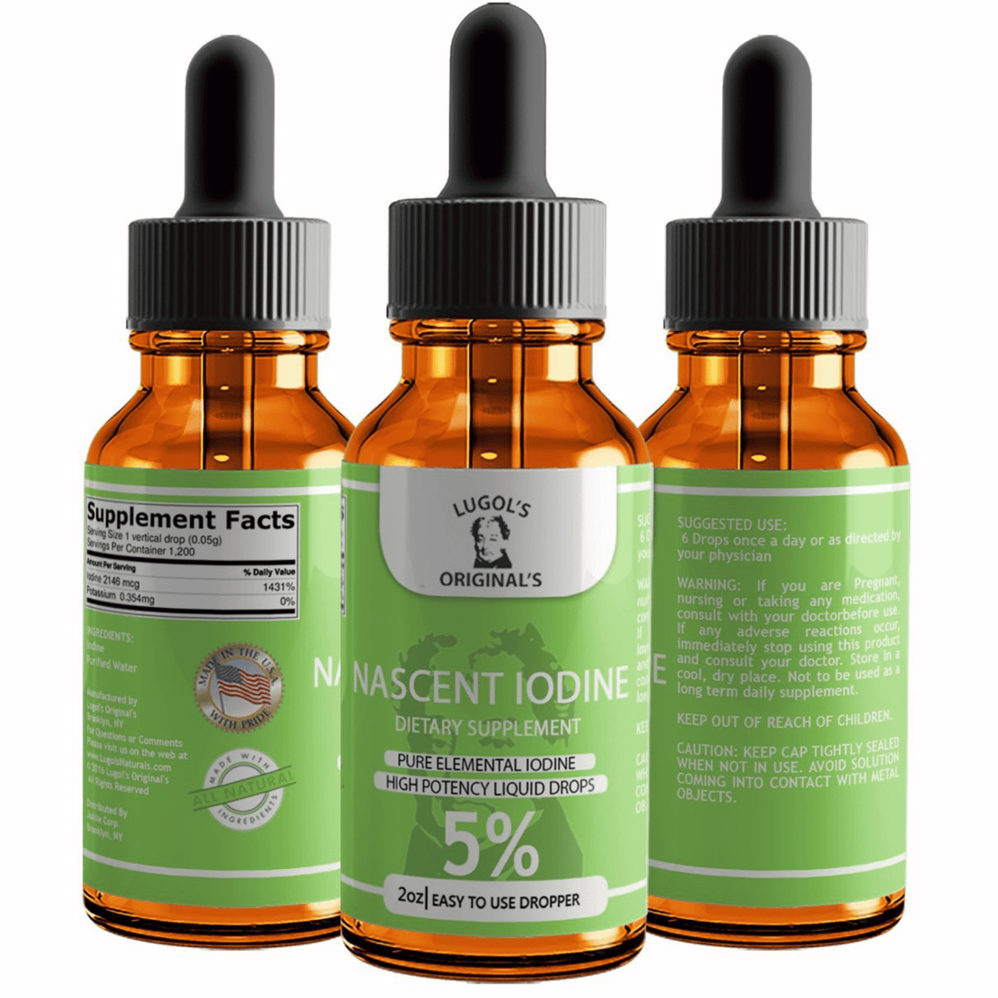 5% Nascent Iodine Drops - 2oz amber glass bottle, all sides view | Lugol's Original's