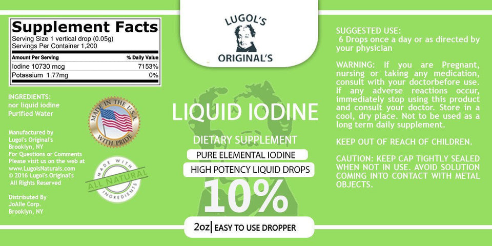 10% Liquid Iodine Drops Thyroid Support Supplement 2oz - Lugols Originals
